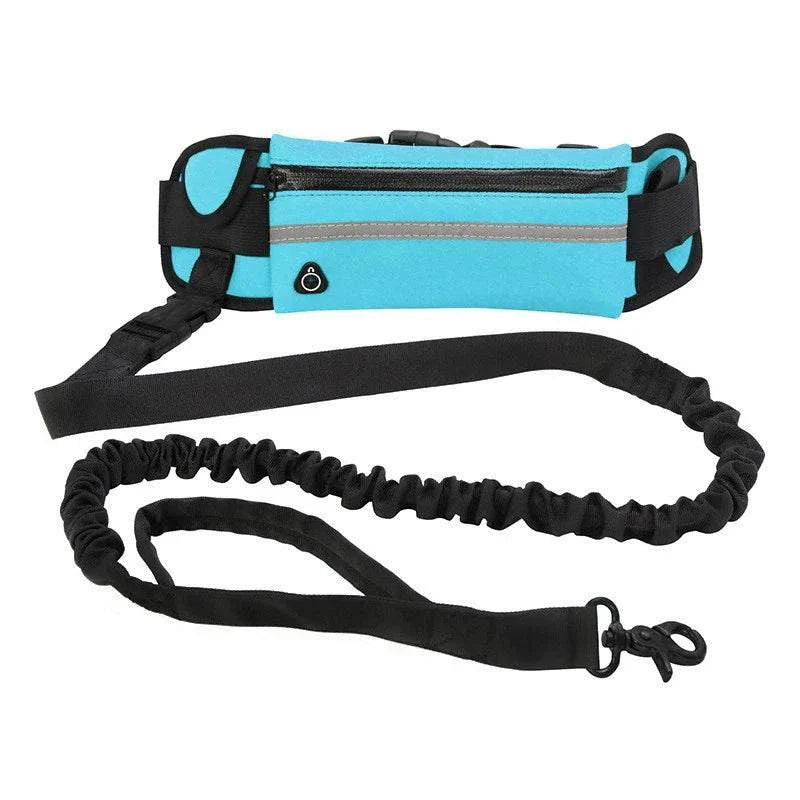 Hands-Free Reflective Dog Leash – pet owner jogging with a dog, featuring an adjustable waist bag and elastic leash