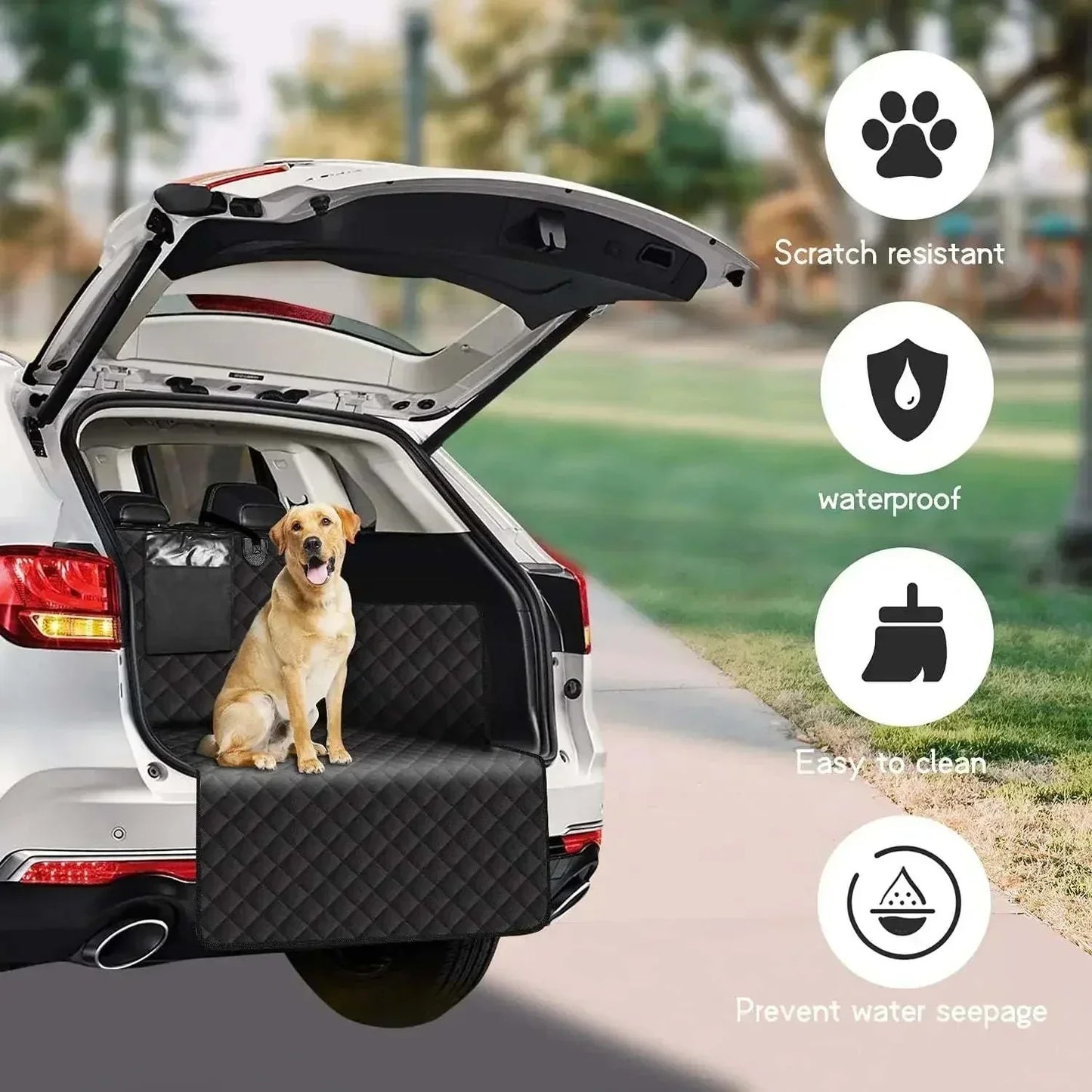 Waterproof car seat cover for pets with a dog sitting on it; features include scratch resistance, waterproof design, easy cleaning, and preventing water seepage.