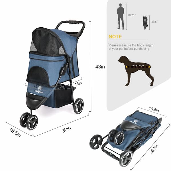 Blue pet stroller with dimensions and a measurement chart for pets on a white background