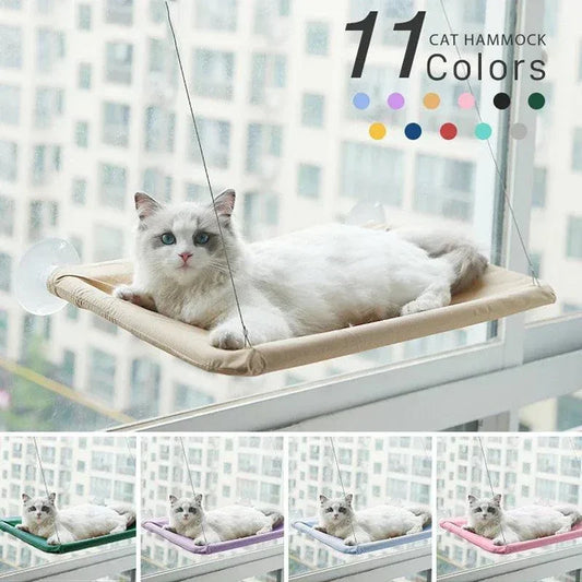 Cat lounging on an elevated hammock attached to a window, available in 11 colors.