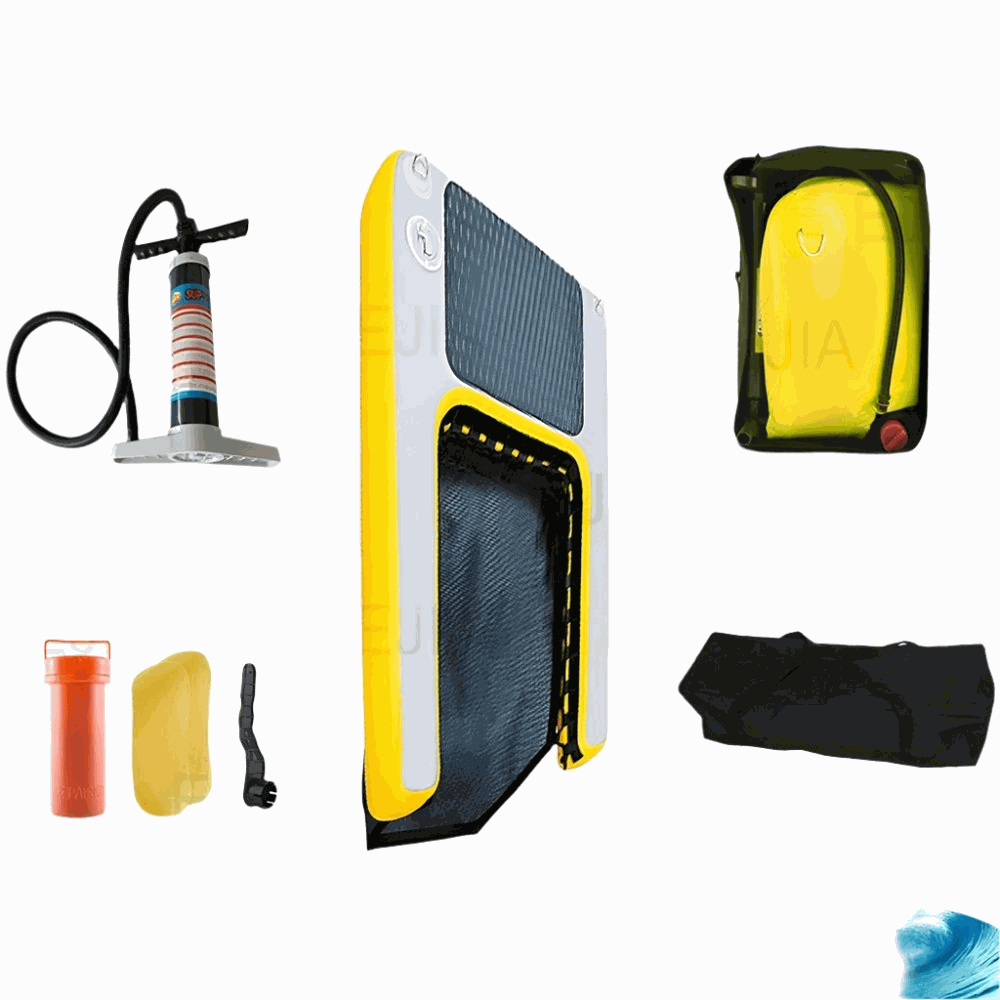 Inflatable dog ramp float for pools and boats with pump, repair kit, and carry bag.