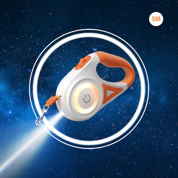Orange illuminated retractable dog leash designed for night walking safety
