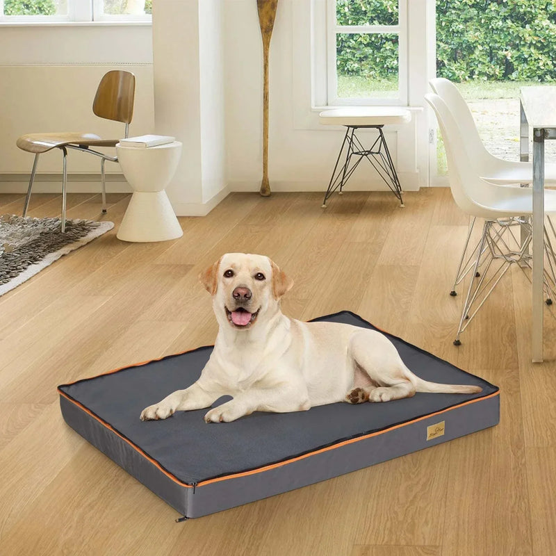 Large orthopedic dog bed with foam cushion, waterproof and washable cover, in a modern style.