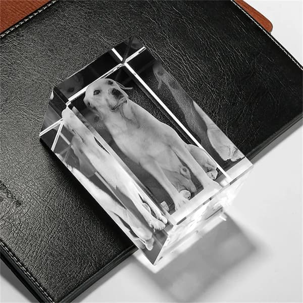 Clear crystal block with a dog photo on a black leather surface