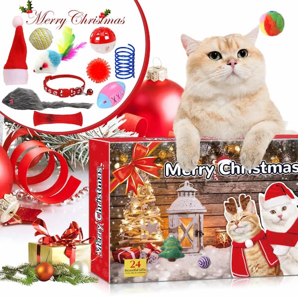 A festive cat Christmas advent calendar gift box featuring 24 colorful toys and surprises for cats, including plush mice, balls, and Christmas decorations.