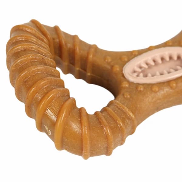 Brown dog chew toy with textured surface on a white background