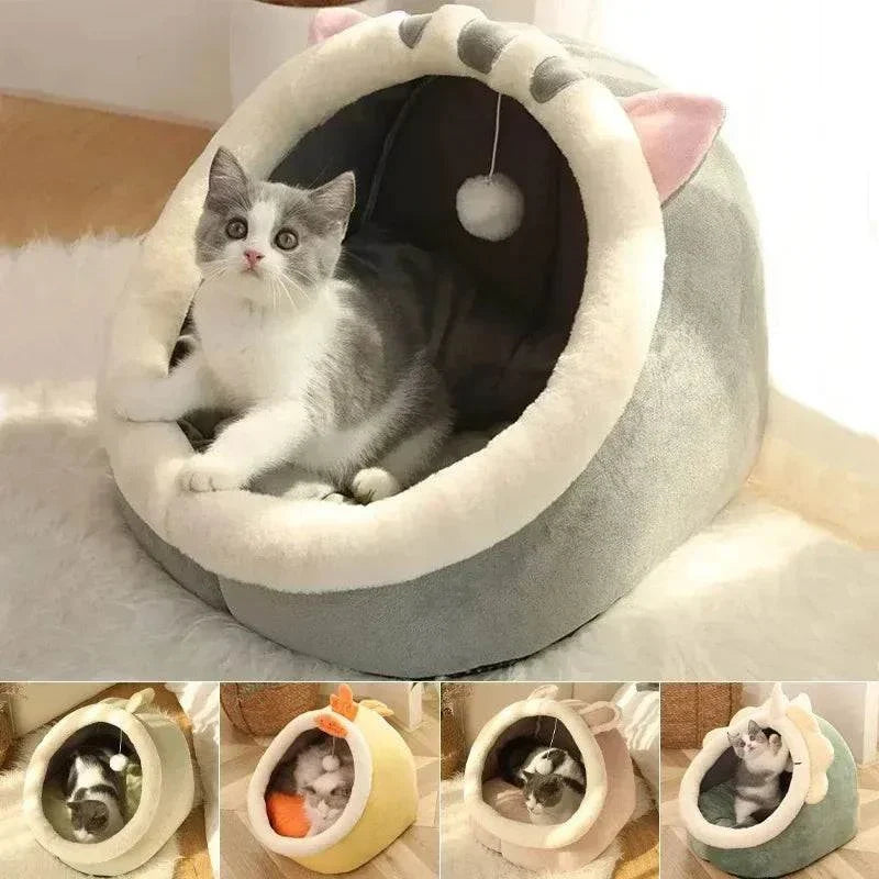 Round cat bed house with a cozy cave design, soft cushion, and tent structure, suitable for cats, kittens, and small dogs.