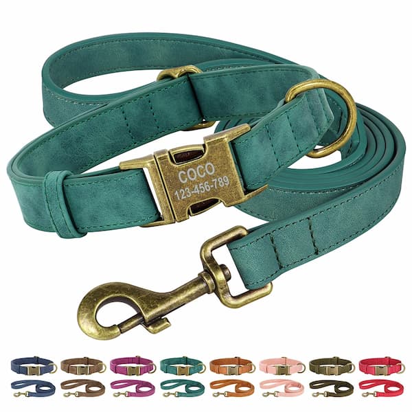 Personalized dog collar and leash set in green with engraved ID buckle – multiple color options available