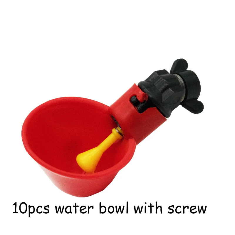 Automatic chicken water cup system installed along PVC pipe
