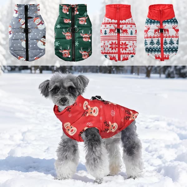 Dog wearing a red Christmas-themed dog coat in a snowy landscape with four other dog coats displayed above.