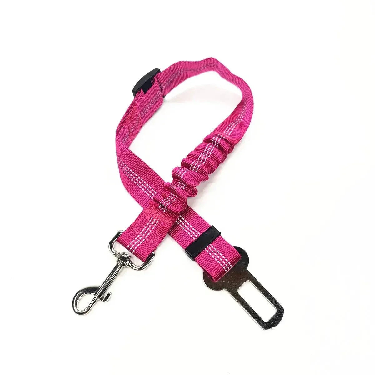 Adjustable Pet Car Seat Belt in use – dog sitting safely in a car with the seat belt attached to its harness."

