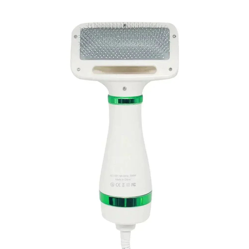 Pet hair dryer for cats and dogs with grooming brush, adjustable temperature settings, and low noise operation.