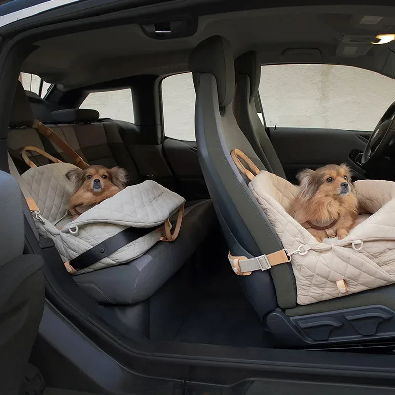 Dog sitting comfortably in luxury pet tote booster seat on a summer road trip