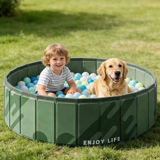 Child and dog playing in a green inflatable pool with colorful balls on grass
