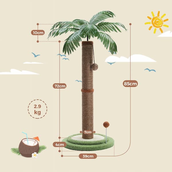 Measurement chart of a palm tree-shaped product with dimensions and weight on a beige background.