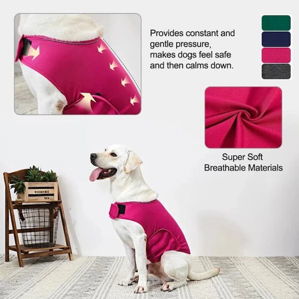 Dog wearing a pink calming vest with text about its benefits and material properties.