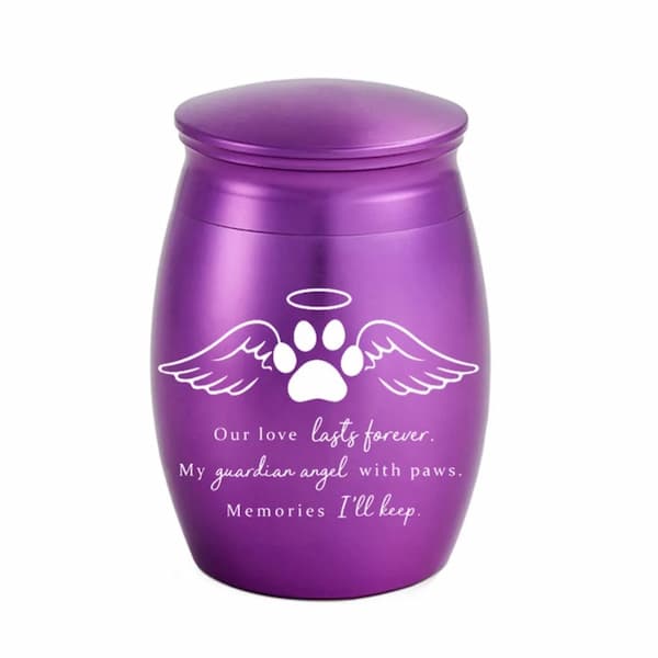 Purple urn with paw print design and text on a white background