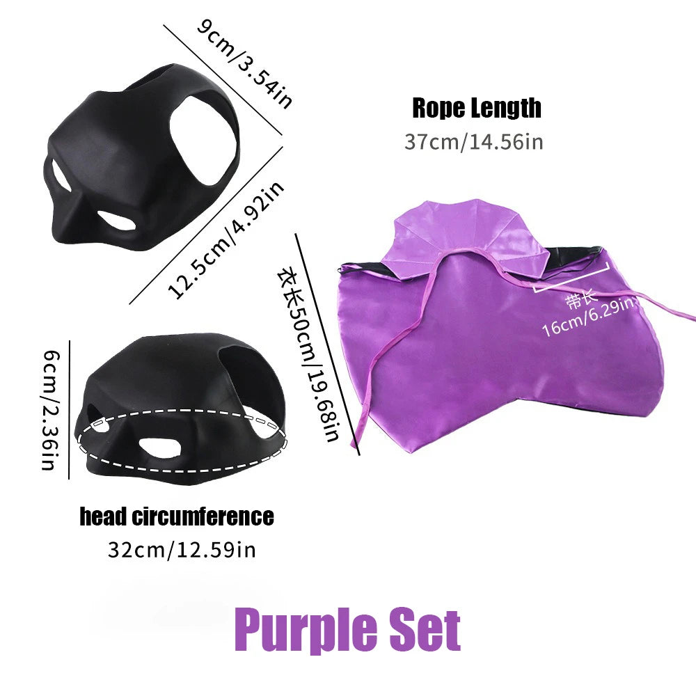 Black masquerade-style face mask shown with dimensions, alongside a purple rope accessory on a white background with text labels for rope length and head circumference.
