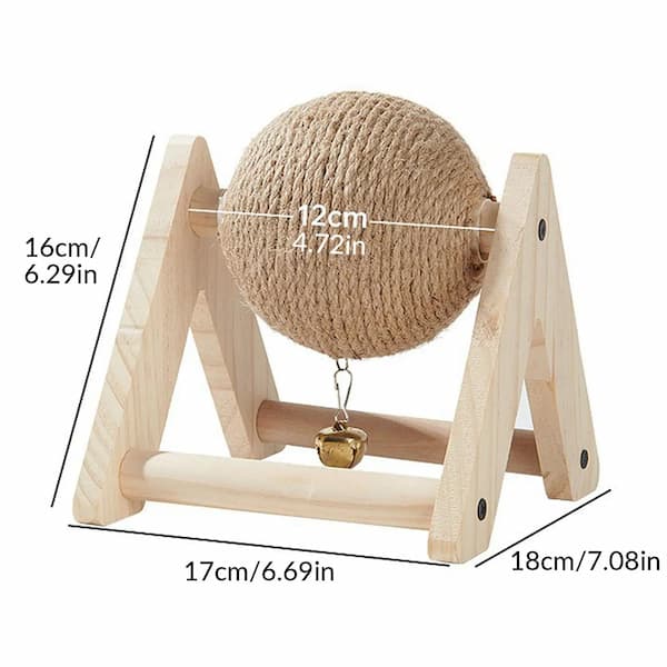 Wooden cat toy with a spherical rope ball and measurements on a white background