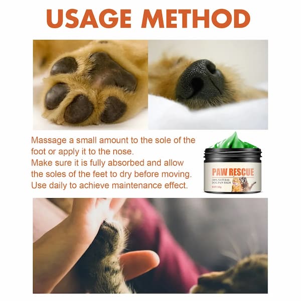 Instructions for using paw rescue cream on a dog's paw with close-up images and product packaging.