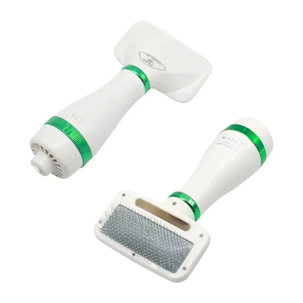 Pet hair dryer and grooming brush, low noise, adjustable temperature, portable for cats and dogs.