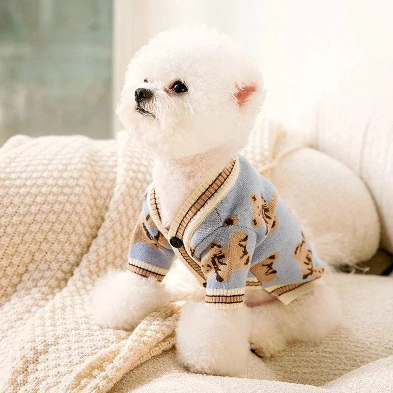 Luxury striped cardigan sweater for small pets, cozy and stylish dog or cat coat.