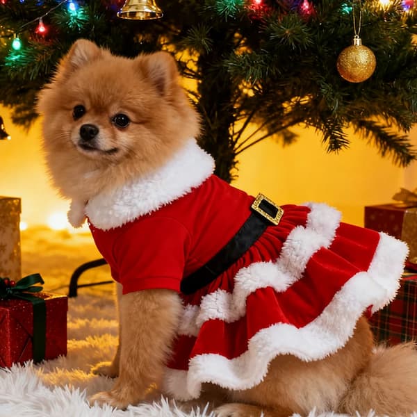 Small dog wearing a Santa outfit in front of a Christmas tree with lights and ornaments.