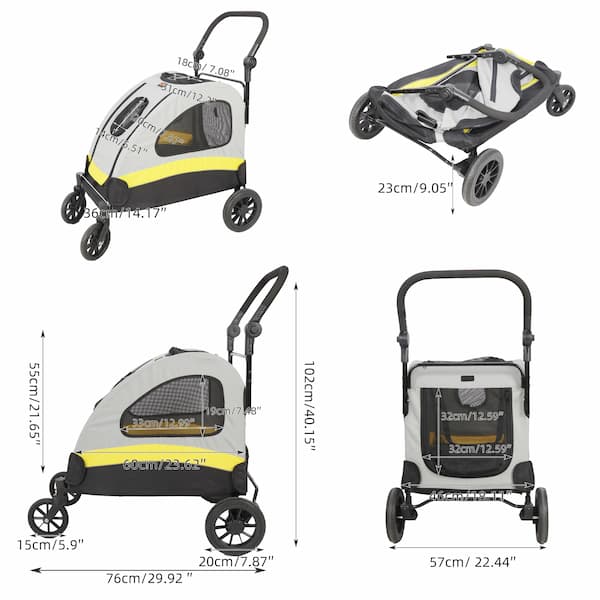 Pet stroller with dimensions labeled on a white background