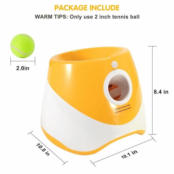 Yellow and white ball launcher with tennis ball and dimensions on a white background