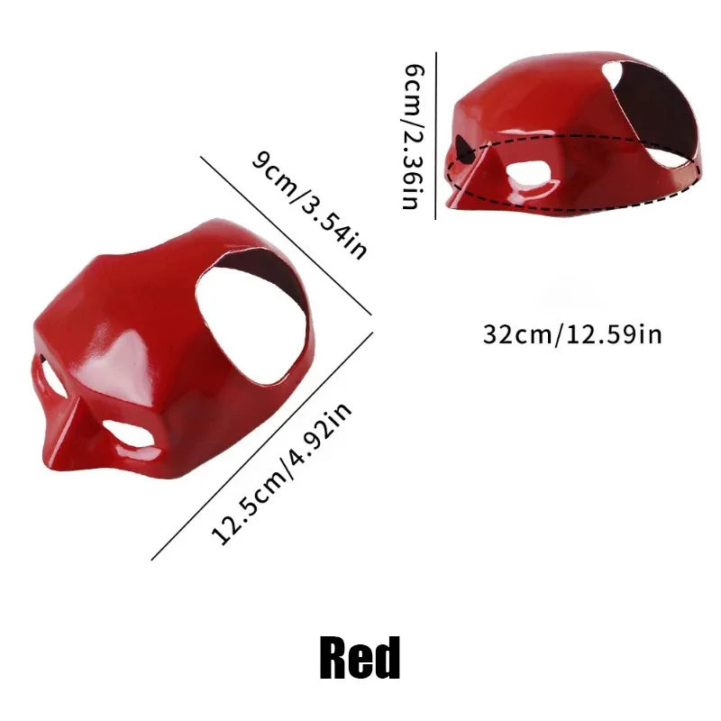 Red glossy Halloween cat mask shown from two angles with measurement labels and the word 'Red' on a white background.