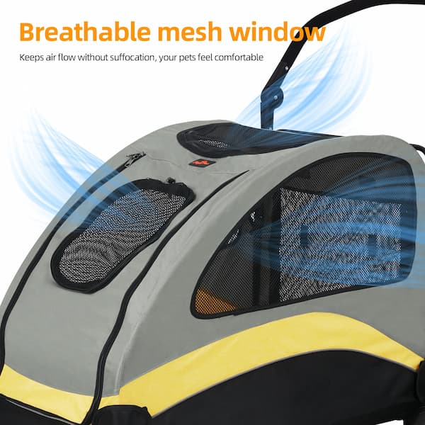 Pet carrier with breathable mesh window and air flow illustration, emphasizing comfort.