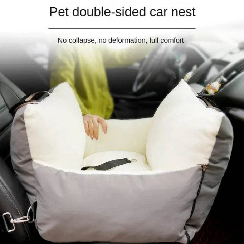 Pet car safety seat bed for dogs, washable and comfortable travel accessory.