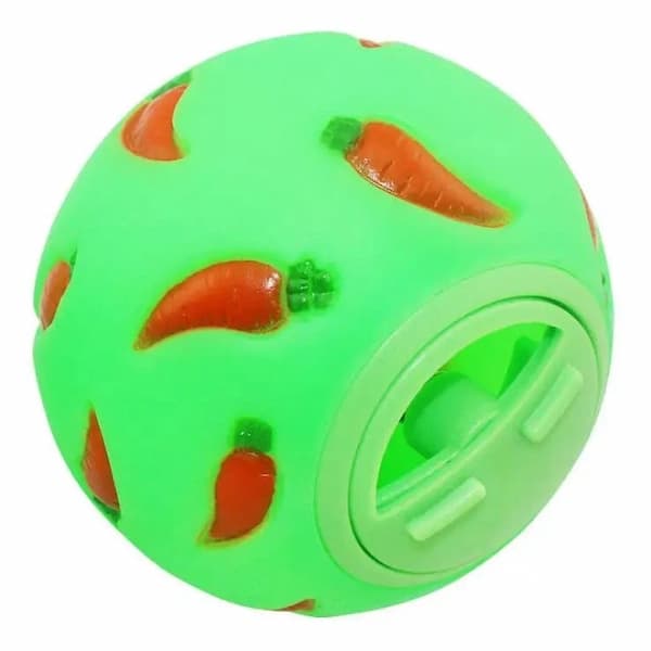 Green dog toy with carrot patterns on a white background