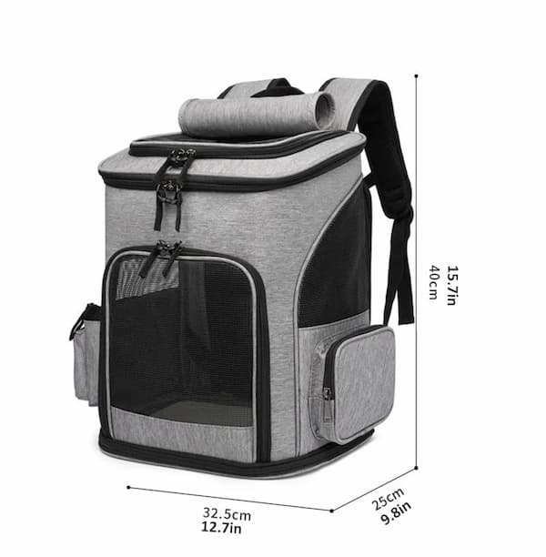 Gray pet carrier backpack with dimensions on a white background
