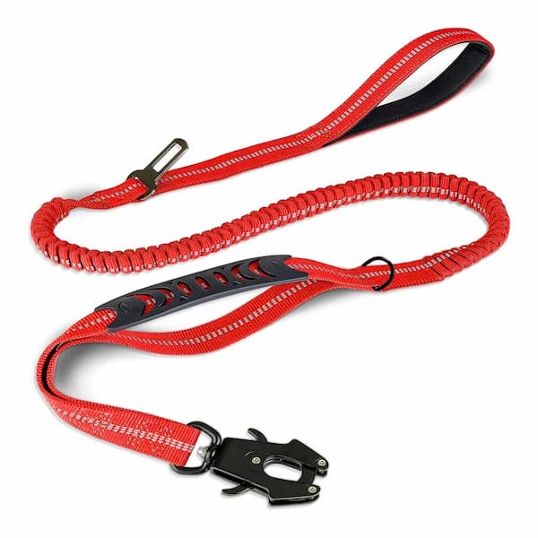 Red Reflective tactical bungee dog leash with locking carabiner shock absorbing design adjustable length
