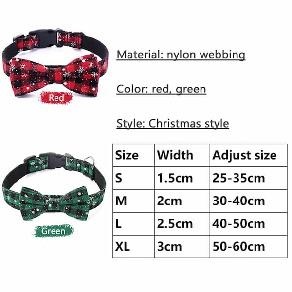Dog collar with bow tie, Christmas style, red and green, size chart included.