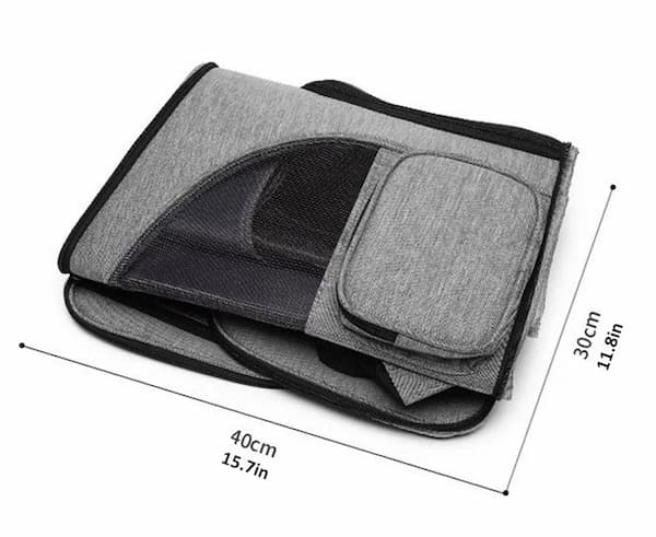 Gray pet carrier with dimensions on a white background
