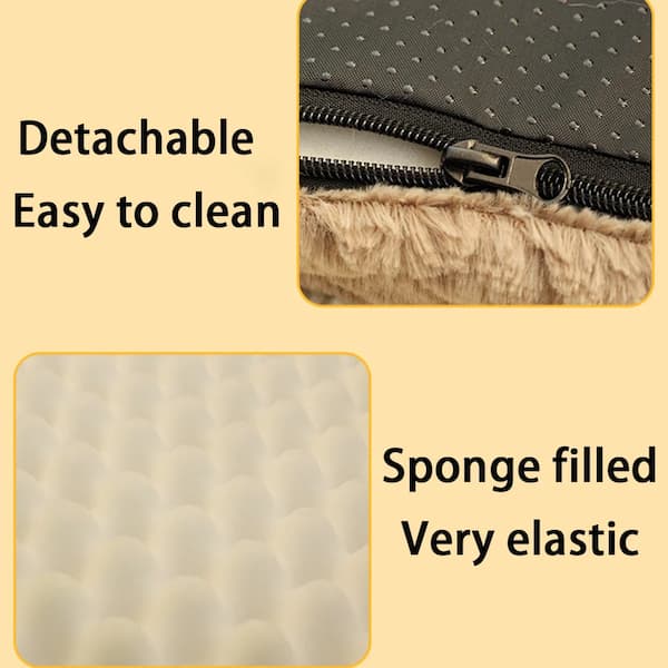 Text describing features of a product with close-up images of a zipper and sponge material.