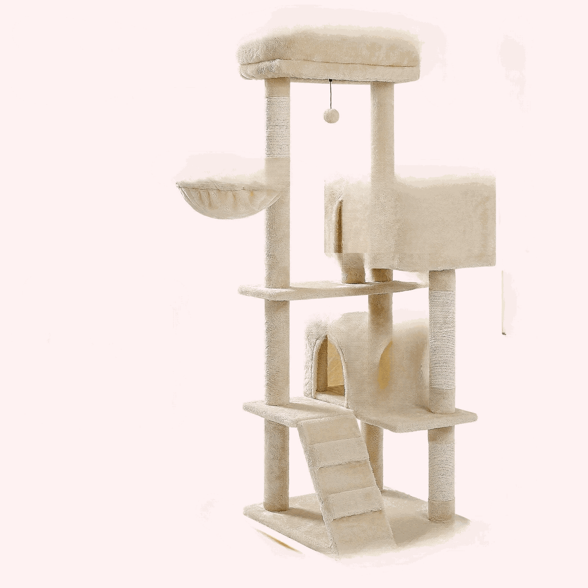 Luxury cat tree with double condos, spacious perch, cat hammock, fully wrapped sisal scratching posts, and dangling balls.
