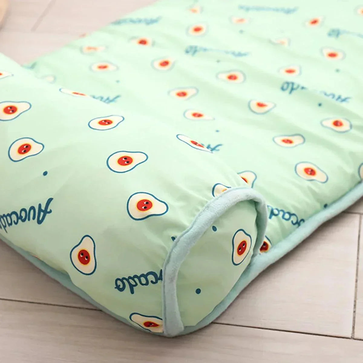 Dog cooling summer pad bed with avocado pattern, washable and comfy for keeping pets cool.