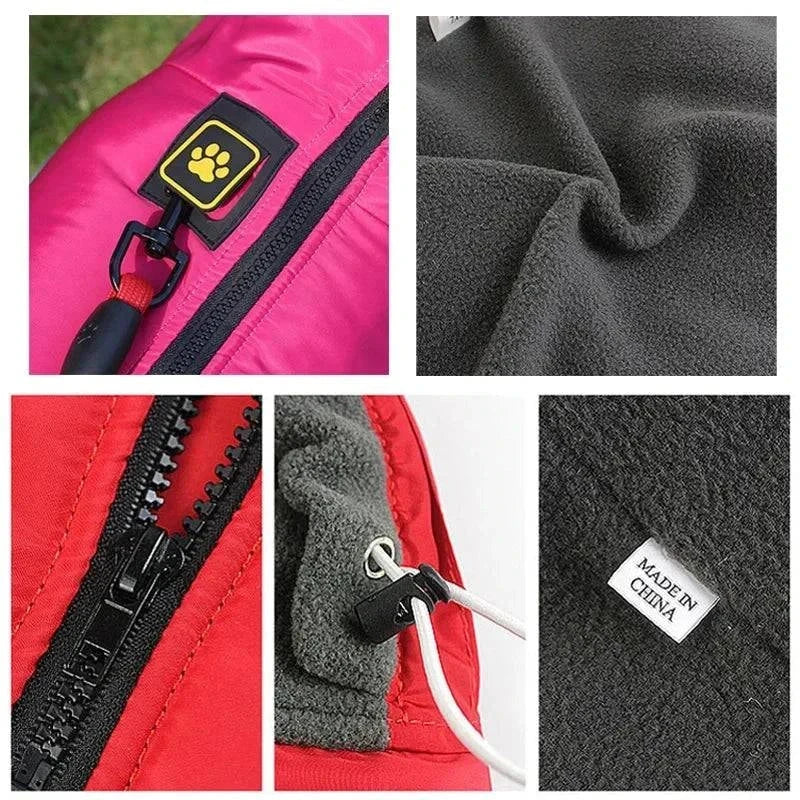 Large dog padded jacket with waterproof and reflective design features, showing zippers and fleece lining for warmth and safety. Made in China.