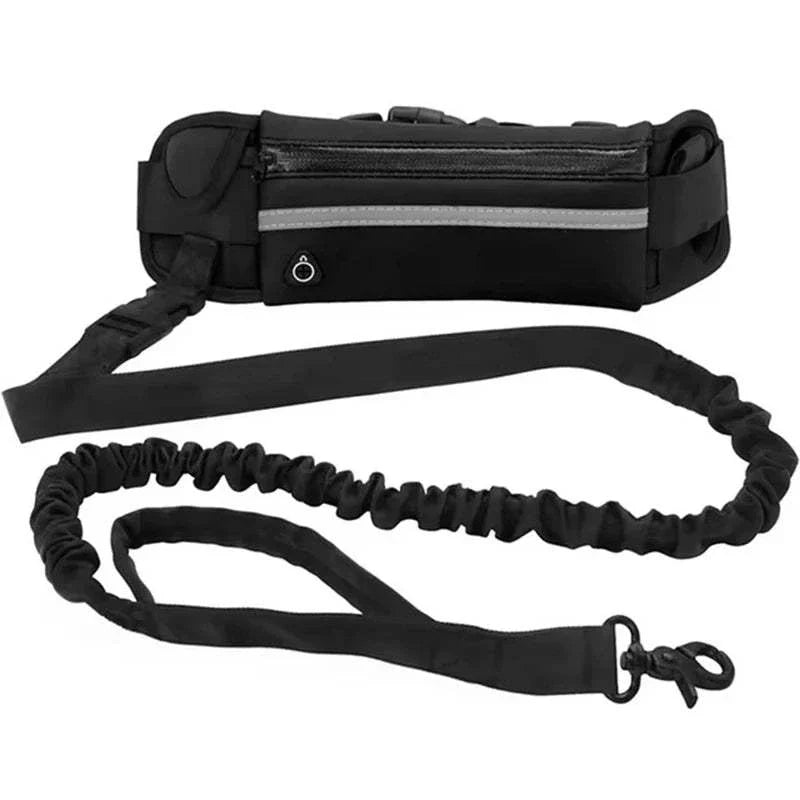 Hands-Free Reflective Dog Leash – pet owner jogging with a dog, featuring an adjustable waist bag and elastic leash