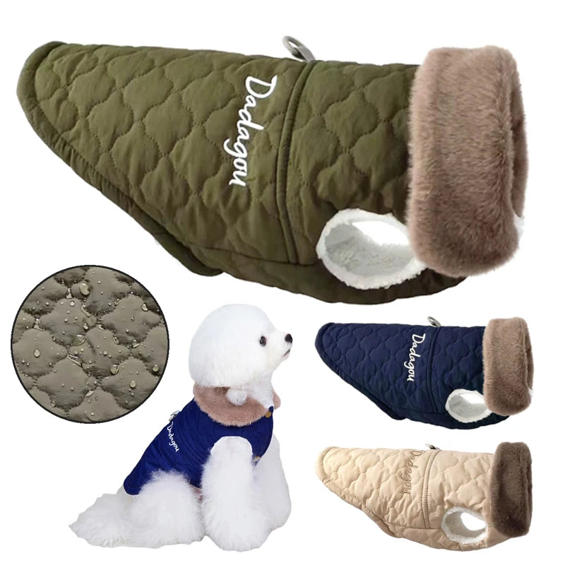 Dog coat with quilted design and fur-lined hood, featuring the brand 'Dachagon'.