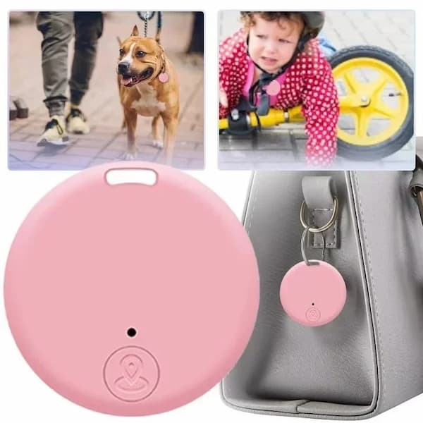 Pink GPS Tracker device with images of a dog, child in a stroller, and a handbag.