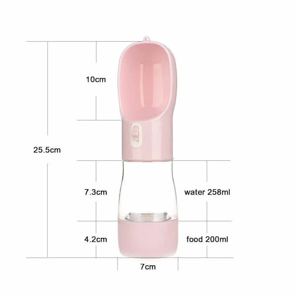 Pink pet water and food dispenser with measurements on a white background