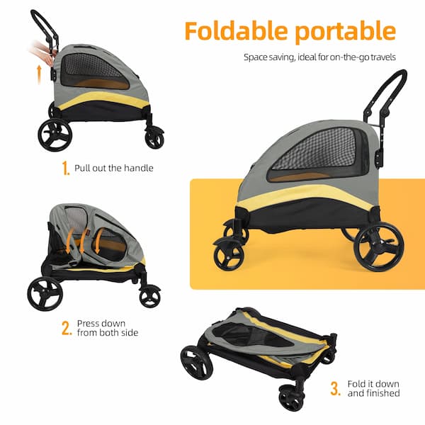 Foldable portable pet stroller with instructions on a white background