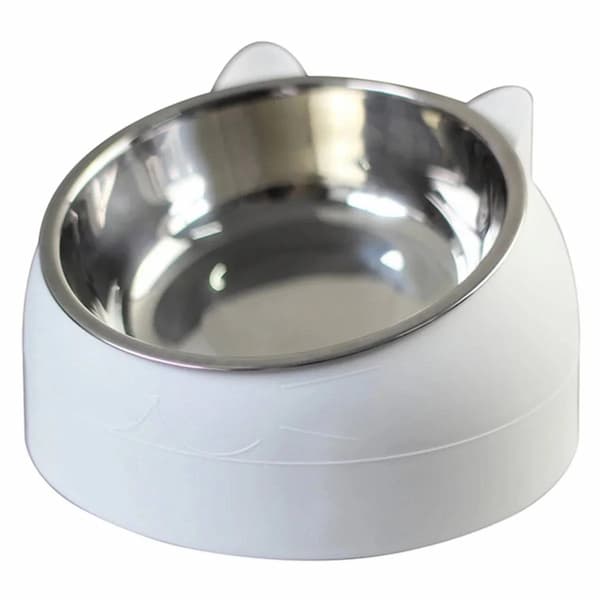 White tilted raised stainless steel pet bowl for cats and small dogs nonslip feeder