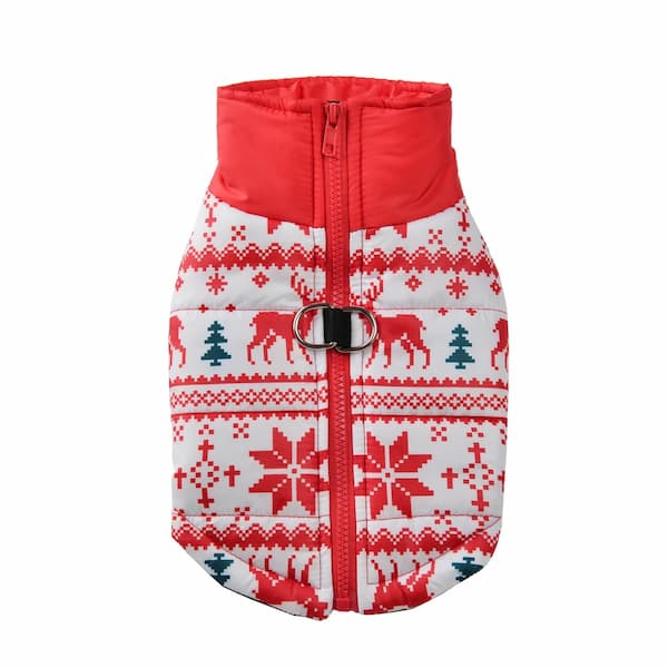 Dog coat with red and white pattern on a white background