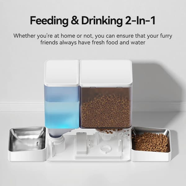 Pet feeding and drinking station with water dispenser and food bowls on a light gray background.
