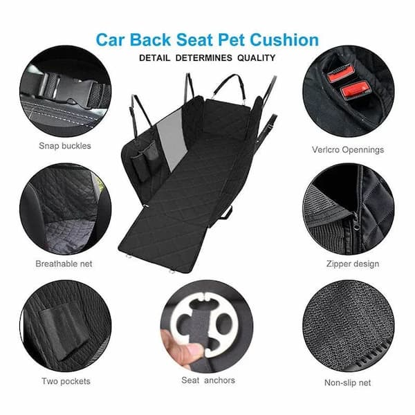 Car back seat pet cushion with various features highlighted